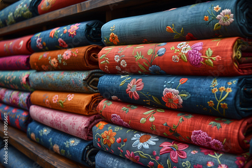 Different colored fabrics are neatly stacked on top of each other in a vibrant display of textures and patterns
