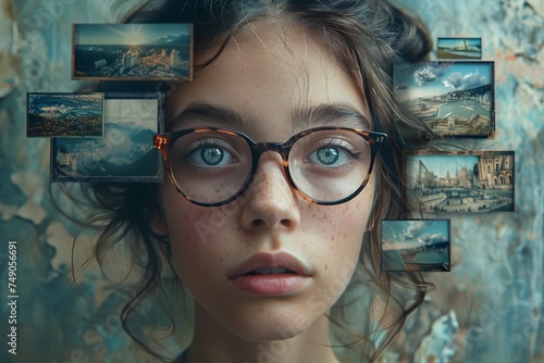 A girl with glasses is surrounded by small floating pictures depicting various landscapes