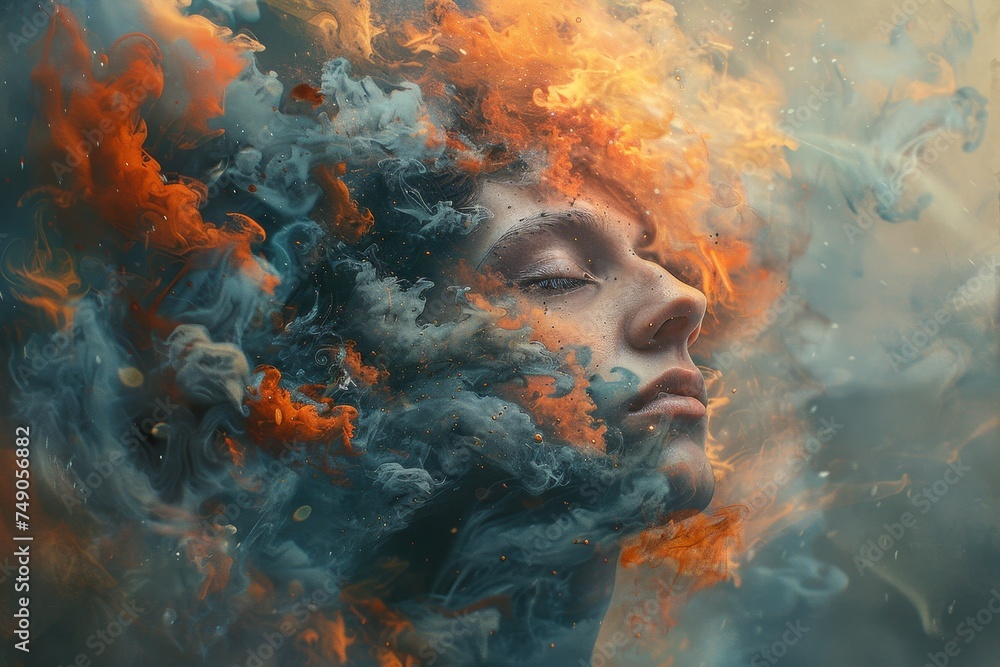 A stunning visual of vibrant fiery hues intertwining with cool blue smoke, creating an abstract ethereal scene A stunning visual of vibrant fiery hues intertwining with cool blue smoke, creating an abstract ethereal scene