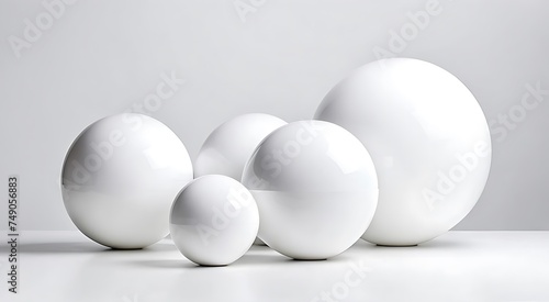 A group of glossy white spheres of various sizes arranged on a plain background  showcasing simple geometric forms.