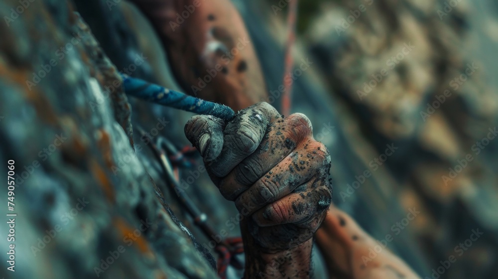 A pair of hands covered in calluses and dirt gripping tightly onto a rope as they scale a steep and treacherous mountain face. The climbers muscles strain with each step but
