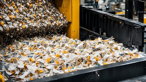A recycling facility in action with a massive pile of paper and cardboard waste being processed.