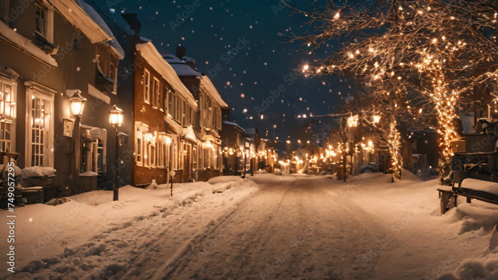 Street in the night at Christmas Wintertime snowing