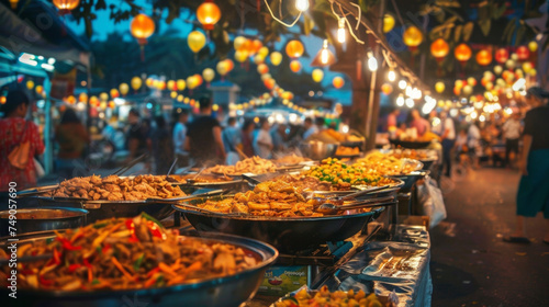 A lively night market with rows of food stalls selling fragrant curries noodle dishes and grilled meats with lights strung up above creating a warm and festive atmosphere.