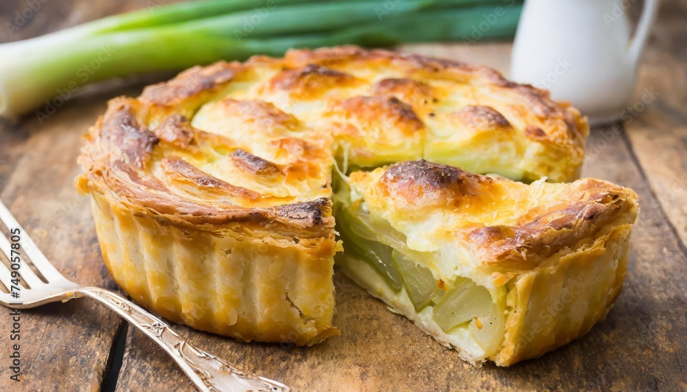 Generated image of leek pie on wooden background Generated image of leek pie on wooden background