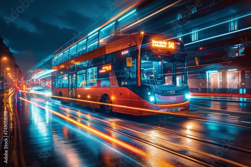 This lively scene features an iconic red double-decker bus in motion, lighting up a rainy city street at night with motion blur photo
