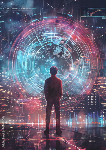 Intricate Digital World: A Person Surrounded by a Vibrant Interface of Information