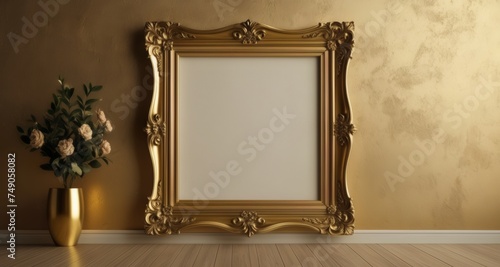  Elegant gold frame, empty canvas, and a touch of nature's beauty