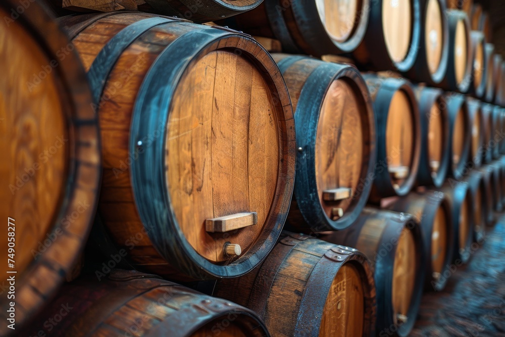 Close-up view of aligned wooden barrels used for aging wine, showcasing the aging process in a dimly lit cellar