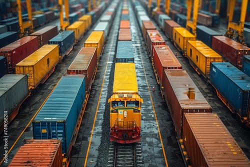 Overhead view of a brightly colored cargo train snaking through a large industrial freight terminal filled with containers photo