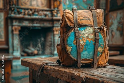 Antique-style backpack and world globe hint at travel and adventure in an old library with rich wood tones
