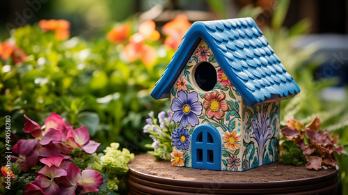 Floral Haven: Painted Birdhouse in a Blooming Garden Setting