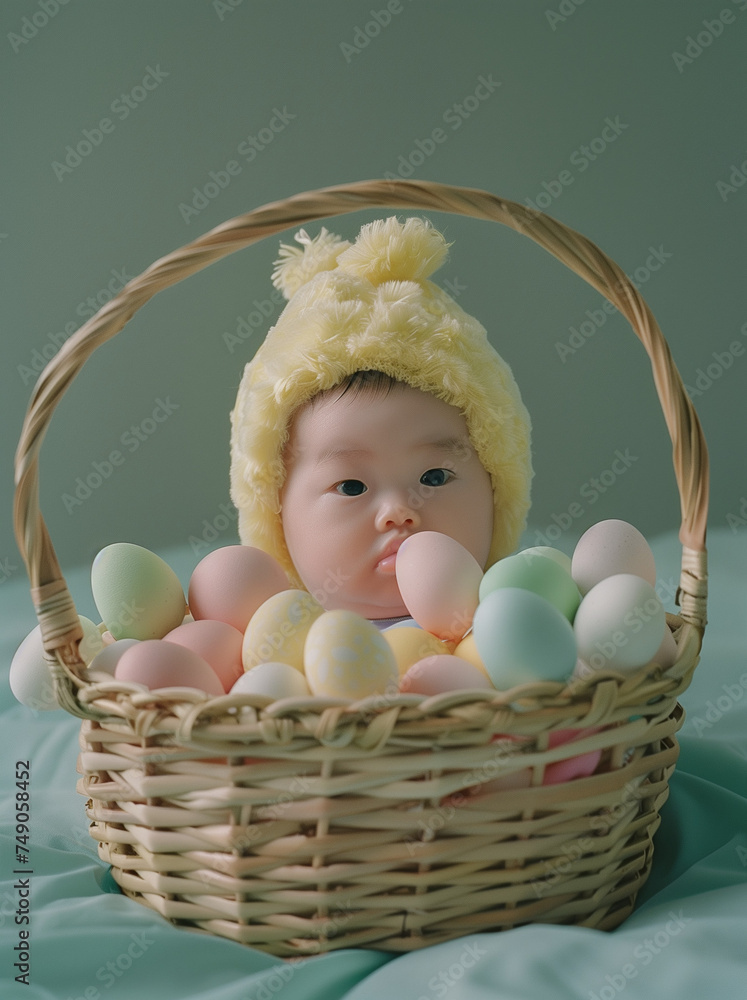 baby in basket with easter eggs.Minimal creative Easter advertise photo editorial concept.Copy space, top view.Generative AI baby in basket with easter eggs.Minimal creative Easter advertise photo editorial concept.Copy space, top view.Generative AI