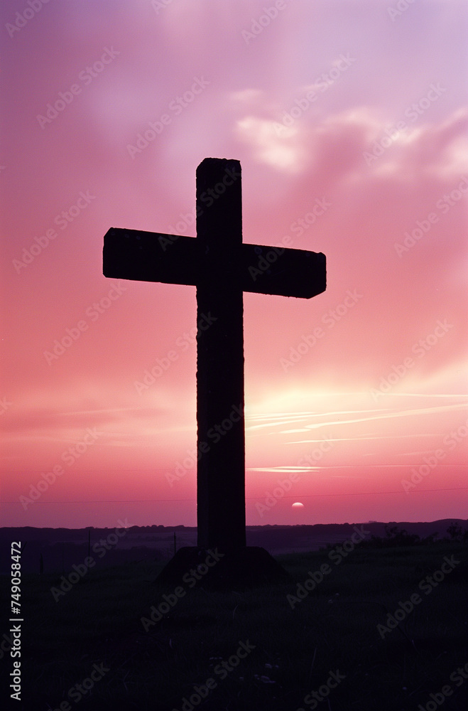 cross at sunset.Minimal nature Easter He is rising concept.Copy space,top view,flat lay.Generative AI cross at sunset.Minimal nature Easter He is rising concept.Copy space,top view,flat lay.Generative AI