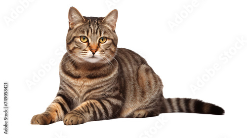 Tabby cat laying down isolated on white background photo