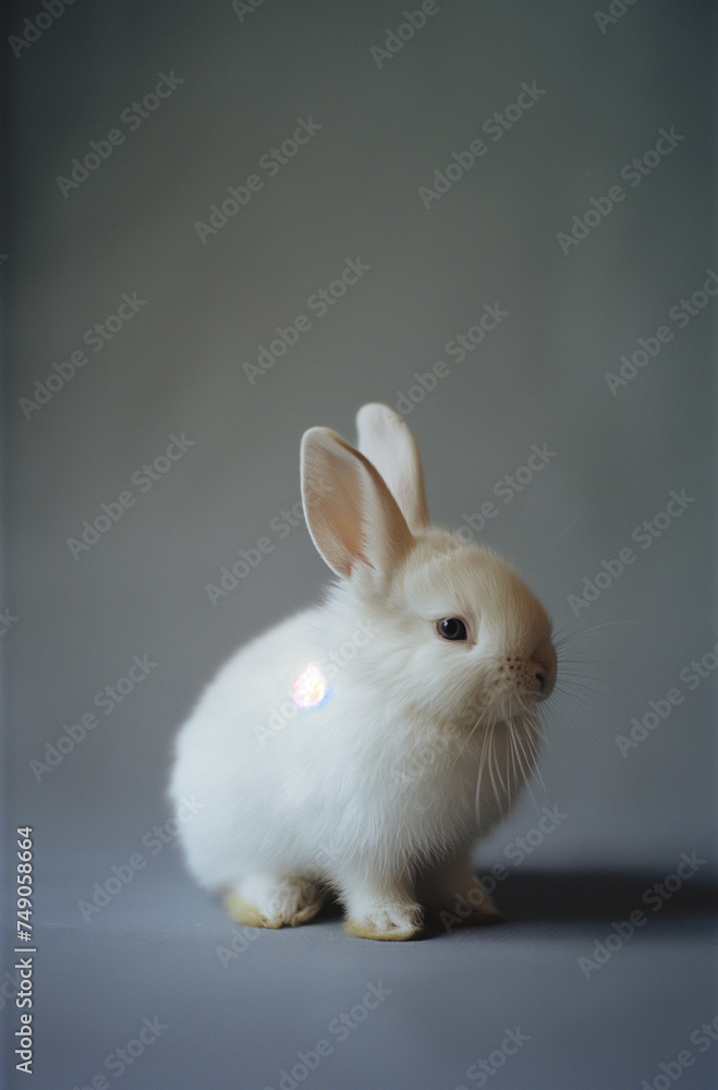 white rabbit on gray background.minimal creative easter advertise photo editorial concept.copy space, top view.generative ai