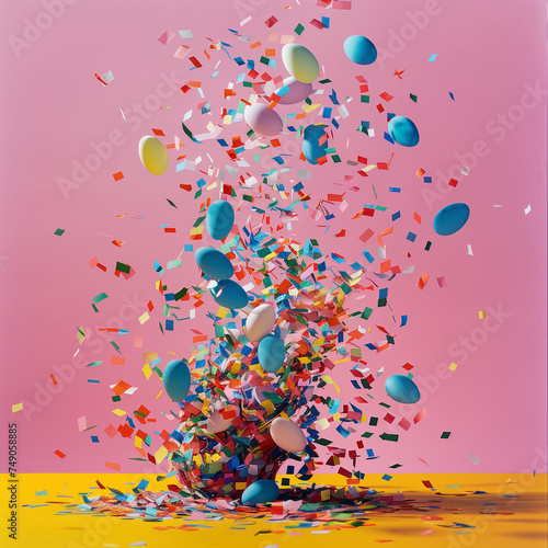 Easter eggs and confetti  explosion.Minimal creative Easter food and party concept.Copy space,top view.Generative AI