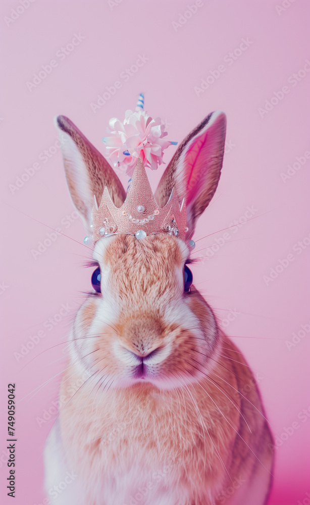 Pink Easter bunny princess with a pink crown on her head.Minimal creative Easter advertise photo editorial concept.Copy space,top view.Generative AI