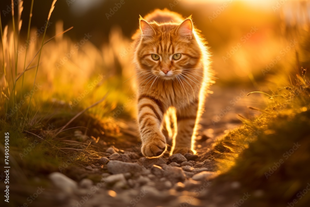 A majestic ginger cat with green eyes strolls along a rural road in the warm sunlight. Its fur glows in the setting sun, casting a long shadow that enhances the tranquil beauty of the scene.