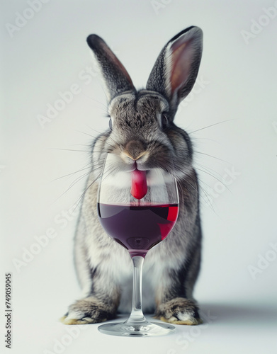 A rabbit licks a glass of red wine, toasting for a happy Easter. Minimal creative Easter drink concept with copy space, top view