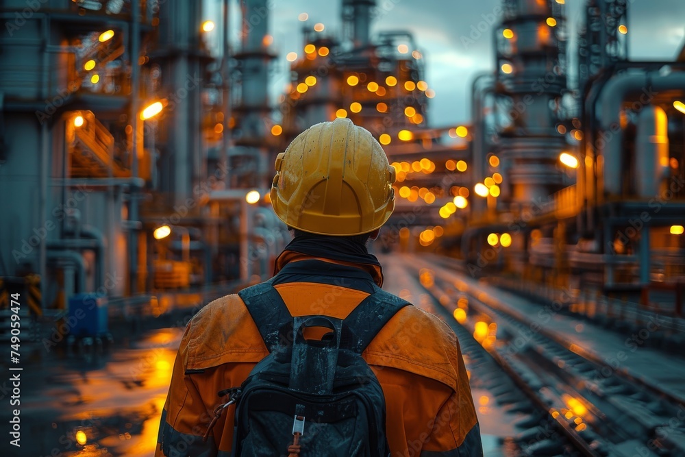 An industrial worker in reflective gear stands before a complex industrial plant, overseeing operations as dusk sets in An industrial worker in reflective gear stands before a complex industrial plant, overseeing operations as dusk sets in