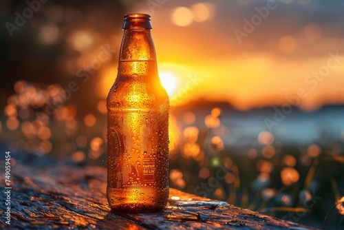 A cold bottle of beer glistens with condensation as it stands against the warm glow of a sunset over a natural landscape