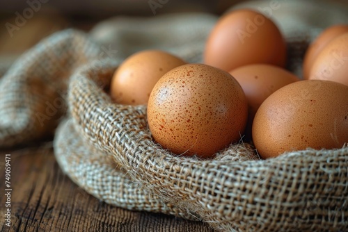 Organic, fresh brown eggs nestled in a burlap cloth, symbolizing farm-fresh produce and natural food photo