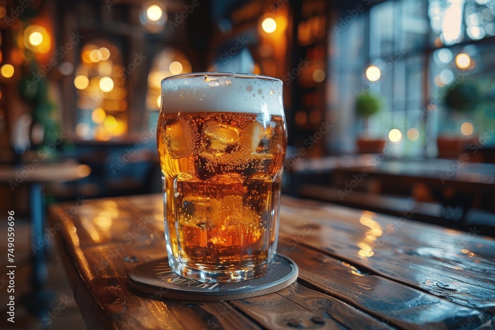 A refreshing pint of beer on a coaster in a cozy bar setting, with a backdrop of glowing lights A refreshing pint of beer on a coaster in a cozy bar setting, with a backdrop of glowing lights