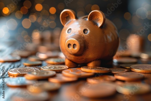 A charming piggy bank oversees a vast collection of coins, symbolizing financial savings and investment