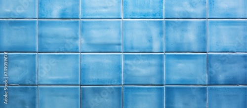 This close-up showcases the intricate details of a blue tiled wall  commonly found in bathrooms  pools  and kitchens. The square tiles are old yet vibrant  adding a pop of color to the interior space.