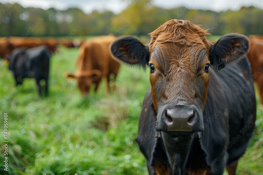 Captivating image of a solitary brown cow staring at the camera with a herd behind, representing rural life Captivating image of a solitary brown cow staring at the camera with a herd behind, representing rural life