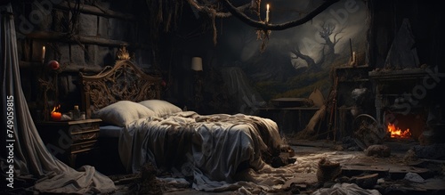 A chilling bedroom is depicted with a large, unsettling bed dominating the space. Above, a menacing chandelier casts eerie shadows, adding to the haunting atmosphere of the room.