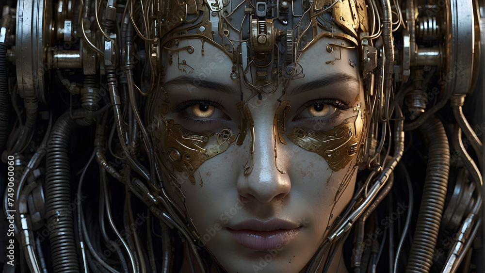A very detailed image showing the face of a female android with ...