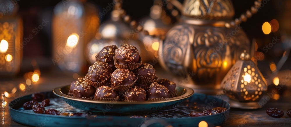 A plate filled with an assortment of decadent chocolate covered candies is displayed on a wooden table. The candies glisten under the light of a luxurious lamp, tempting anyone with a sweet tooth.