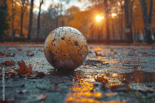 A worn soccer ball lies amidst fallen leaves on a wet surface with sunlight filtering through trees photo