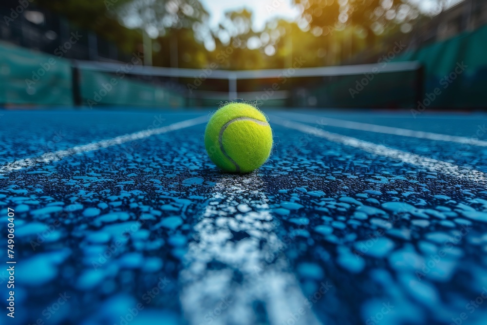 A bright yellow tennis ball lies on a textured blue tennis court, with the sun casting long shadows