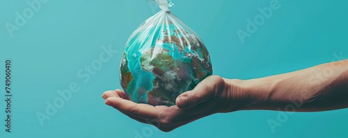 Hand holding Earth globe in plastic bag on blue background. World environment, Earth day. Environment and conservation concept. Environmental problems and protection. Caring for nature and ecology photo