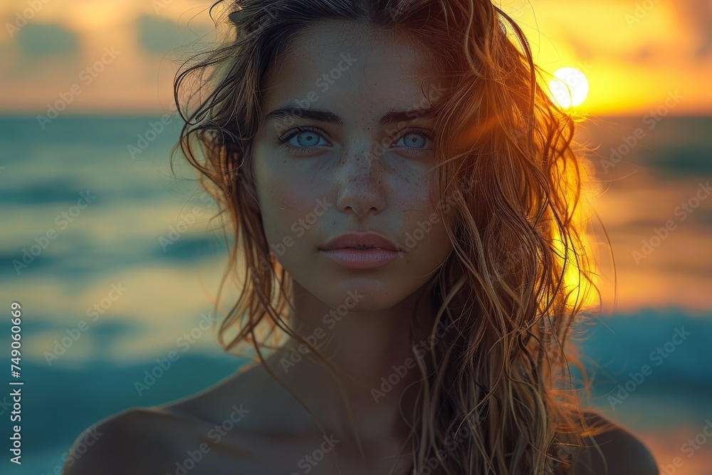 A young woman with wet hair gazes at the camera, sunset and ocean backdrop A young woman with wet hair gazes at the camera, sunset and ocean backdrop