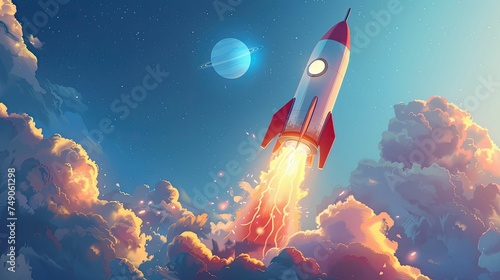 Retro-styled rocket ascending through clouds into outer space
