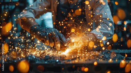 Blacksmith sparks fly as metal is forged photo