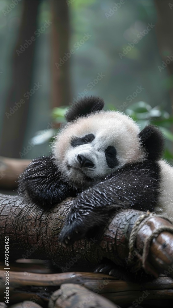 Obraz premium A serene panda sleeps peacefully on a tree branch