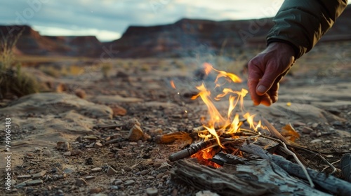 A closeup of a hand expertly starting a campfire using only natural materials. The rugged landscape in the background serves as a reminder that basic survival skills are essential photo