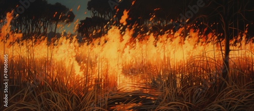 A fire blazes fiercely in a field where tall grass grows, engulfing the area with flames and smoke. The intense heat and bright light contrast with the dark surroundings.