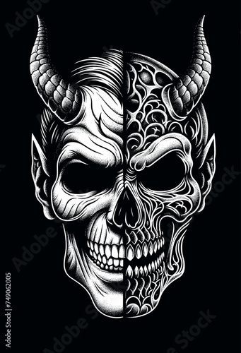 Bisected Symmetry: Horned Demon and Human Skull in Dotwork Style