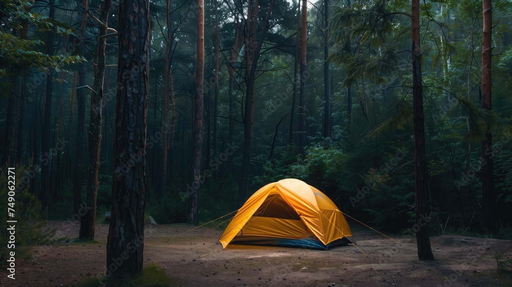 Solitary tent in a serene forest at dusk