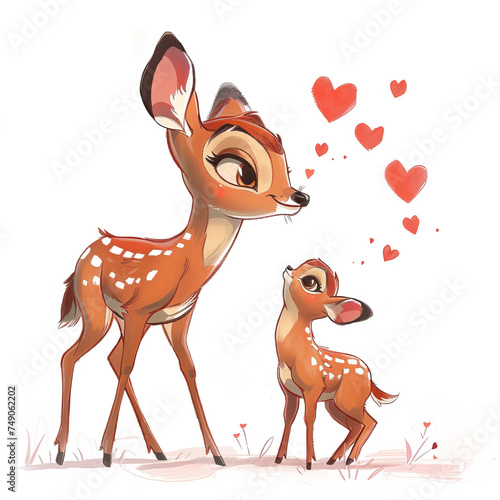 Watercolor cute baby and mother bambi on white background