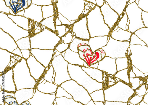 Vector cracks and hearts seamless pattern, kintsugi art concept, Golden, red, white colors.