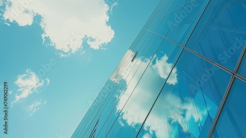 Blue sky and clouds reflecting on the modern glass facade of a high-rise building