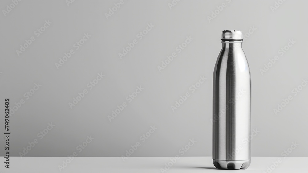 A sleek stainless steel insulated bottle presented against a simple gray background A sleek stainless steel insulated bottle presented against a simple gray background