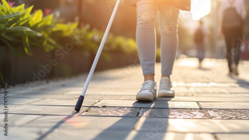 The lower half of a visually impaired person using a white cane to navigate a tiled walkway, highlighting independence photo
